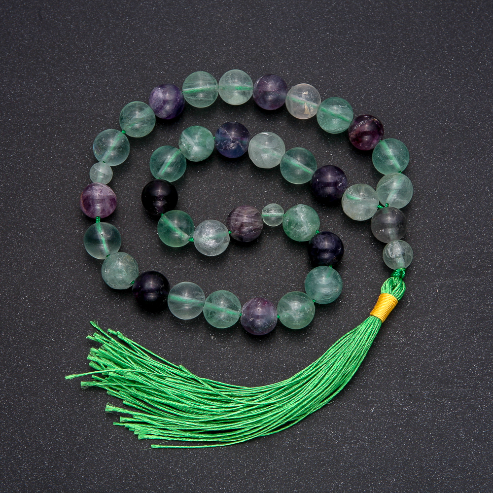 Fluorite Natural Stone Bead Necklace, 33 Beads, Smooth Round Bead, 10 mm Diameter ± Fluorite Inlay