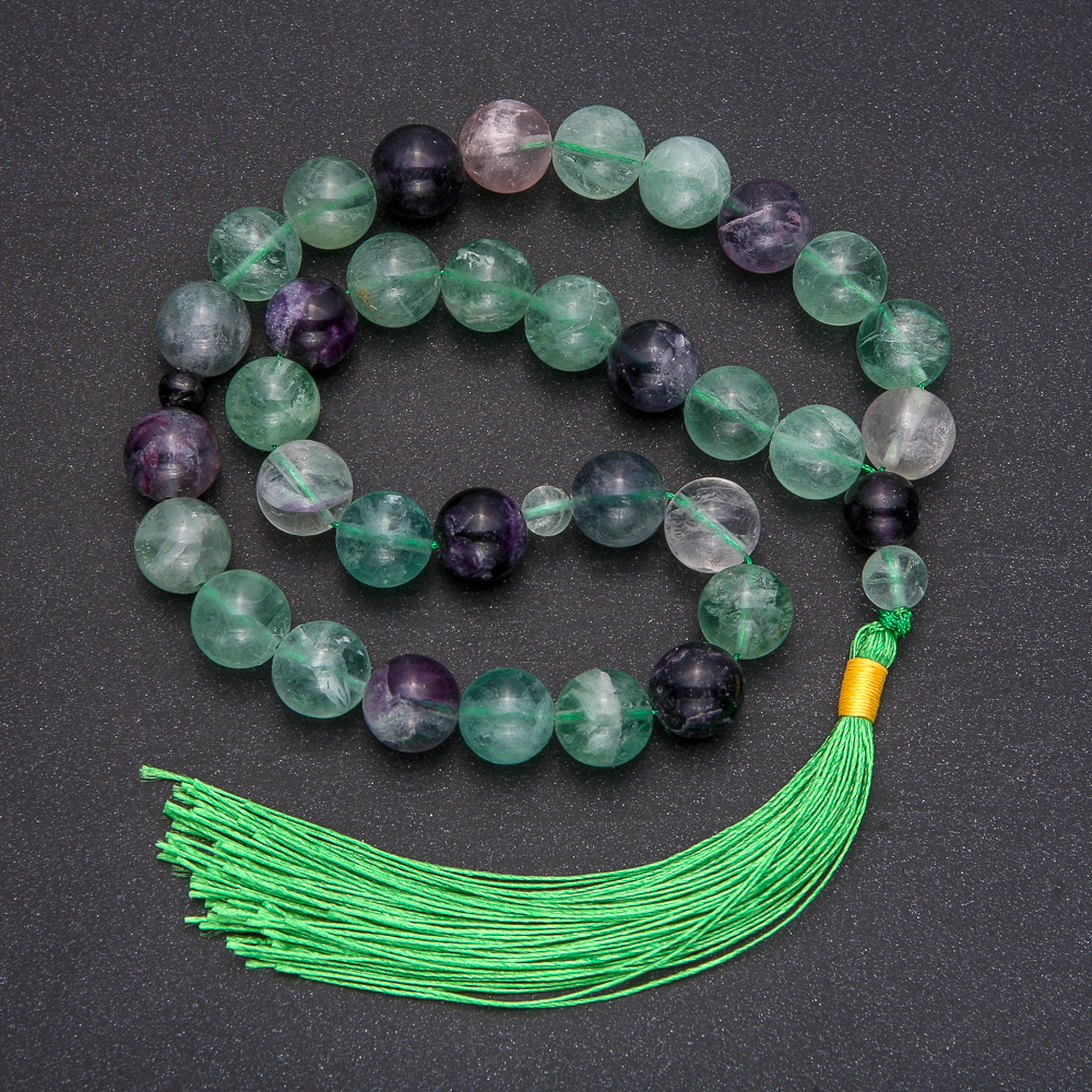 Prayer beads made from natural fluorite, 33 beads, smooth spheres, diameter 12 mm ±, fluorite inlay