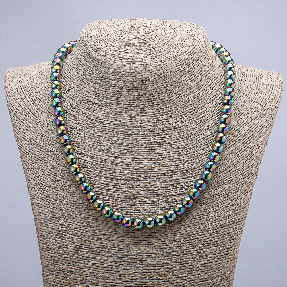 Hematite necklace with gunmetal finish, smooth bead, 8 mm diameter, 45 cm length ±