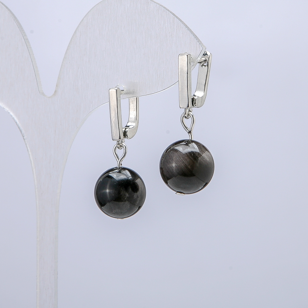 Silvery Obsidian Earrings, 12mm diameter, 30mm length +