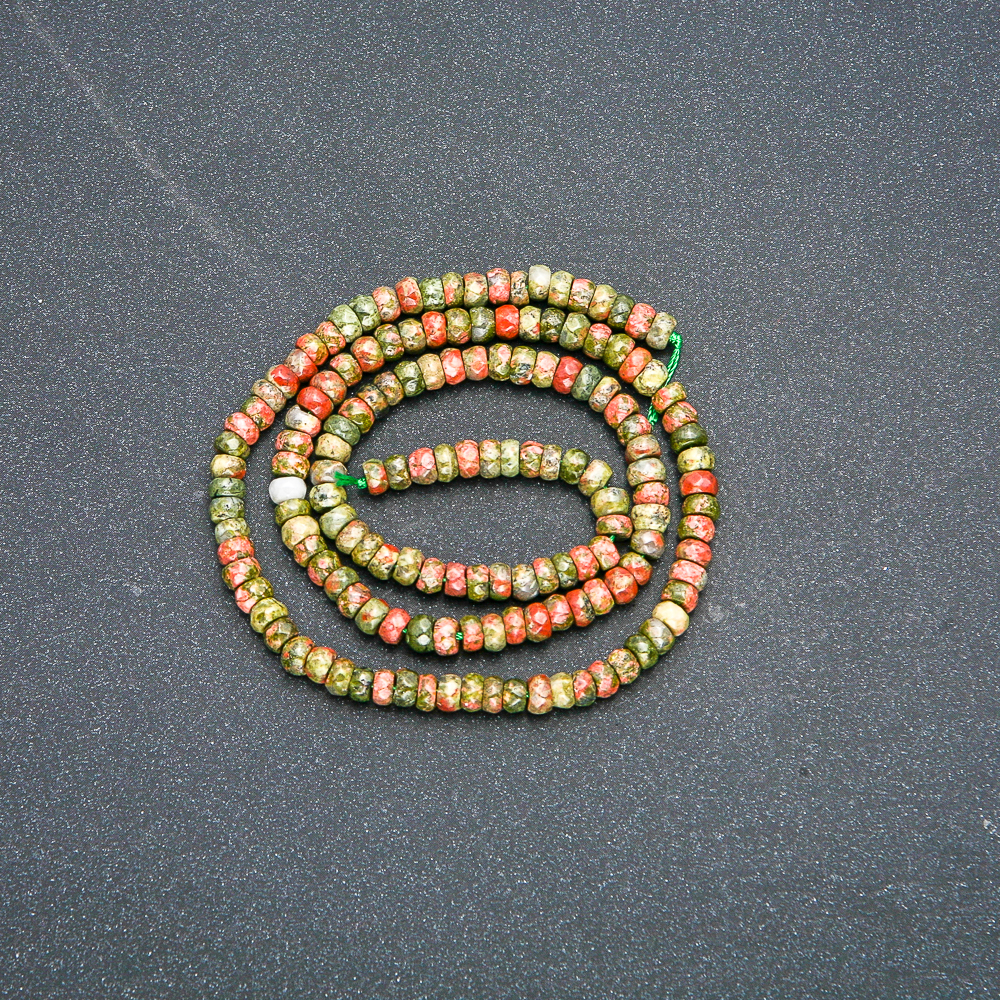 Natural Stone Strand of Heliotrope Unakite, Faceted Rondelle 4x2.5mm, Length 39cm +
