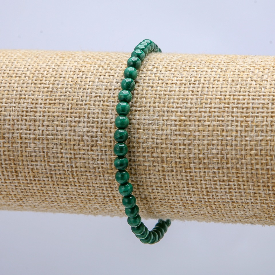 Elastic bracelet with natural malachite, smooth beads, 4 mm diameter, length 18 cm +