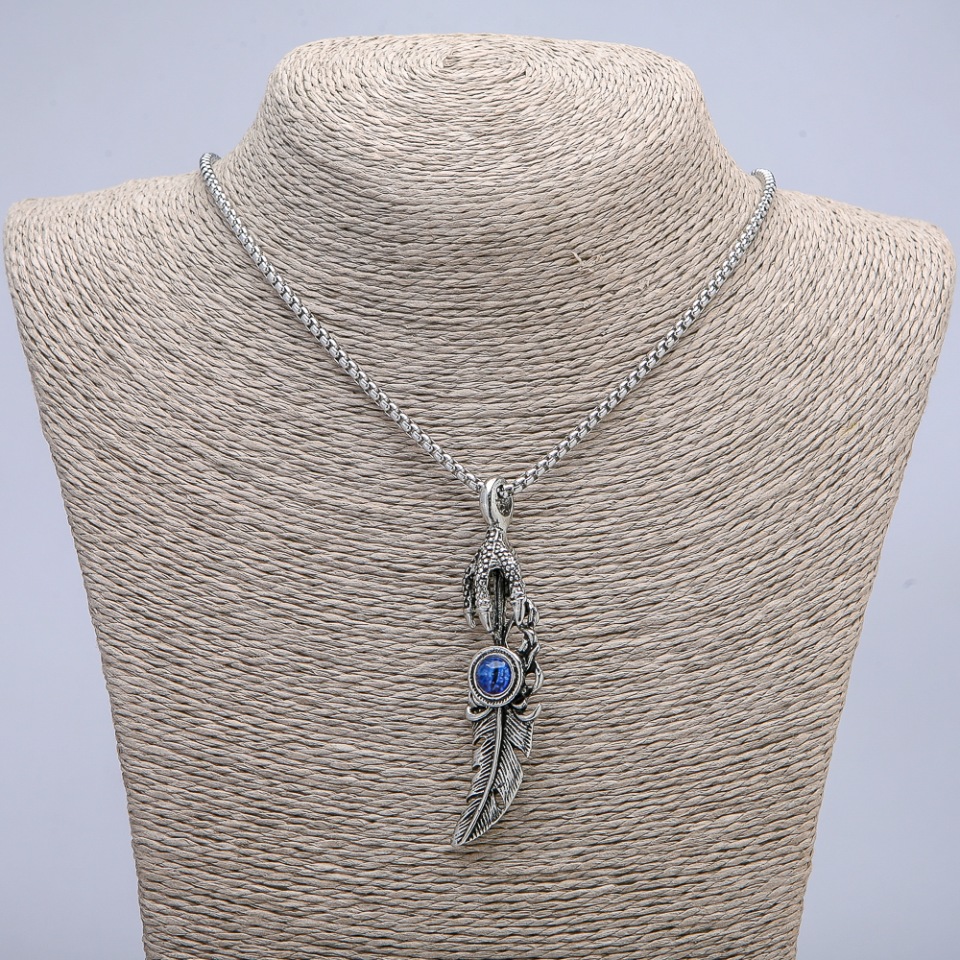 Pendant "Paw with Feather Dragon's Eye" 70x20mm on chain, length 70 cm, silver metal