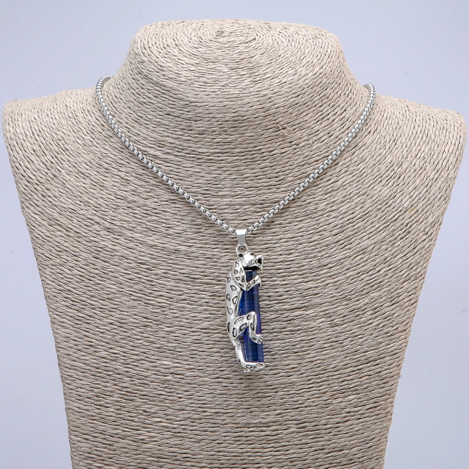 Leopard Pendant with Blue Crystal 50x10 mm on a Chain, 65 cm Length, Silver