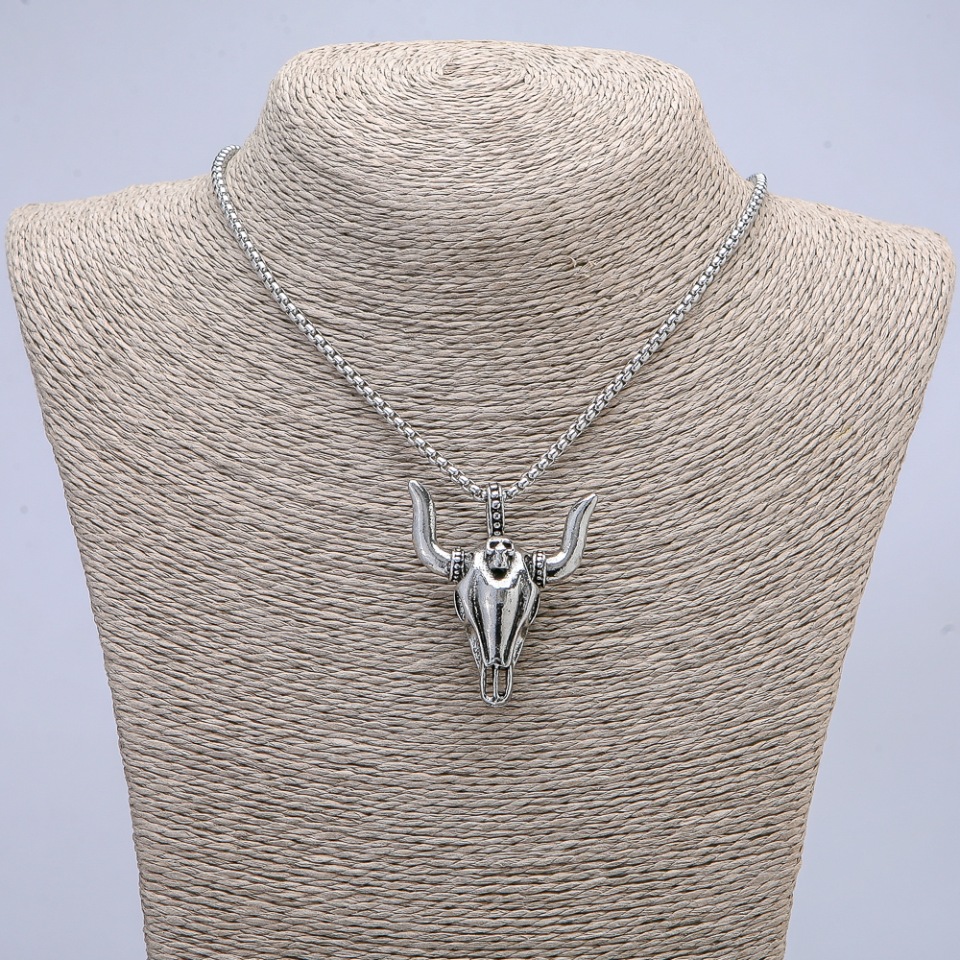Goat Skull Pendant 47×38 mm on Chain, 70 cm Long, Silver-Colored Metal