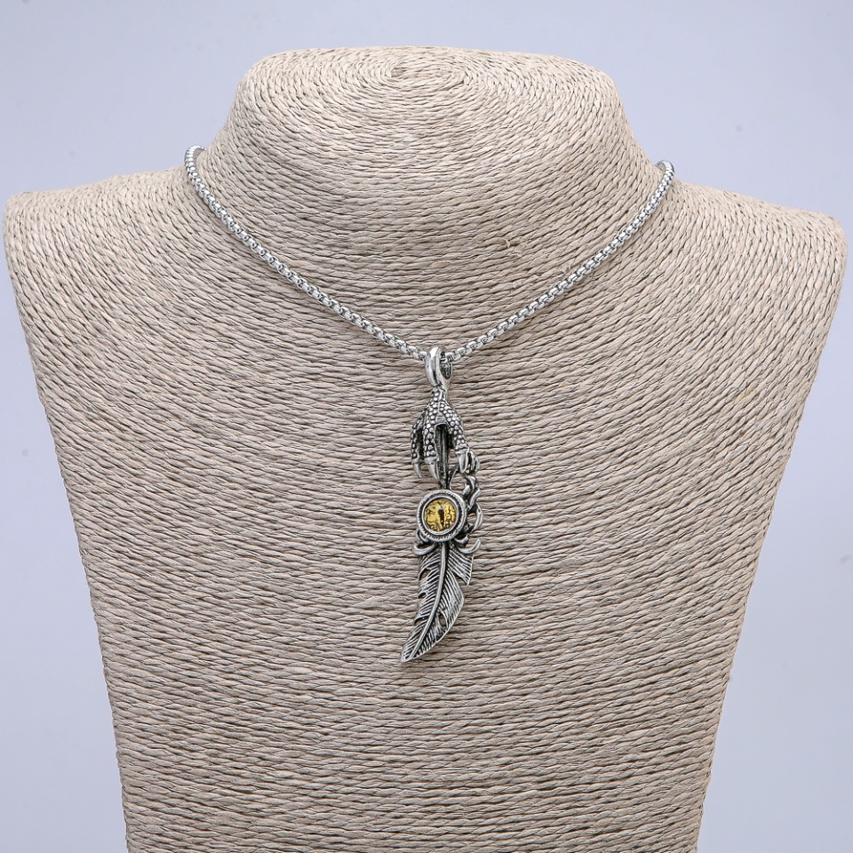 Pendant 'Paw with Feather Dragon's Eye' 70×20 mm on a chain, length 70 cm, silver-colored metal