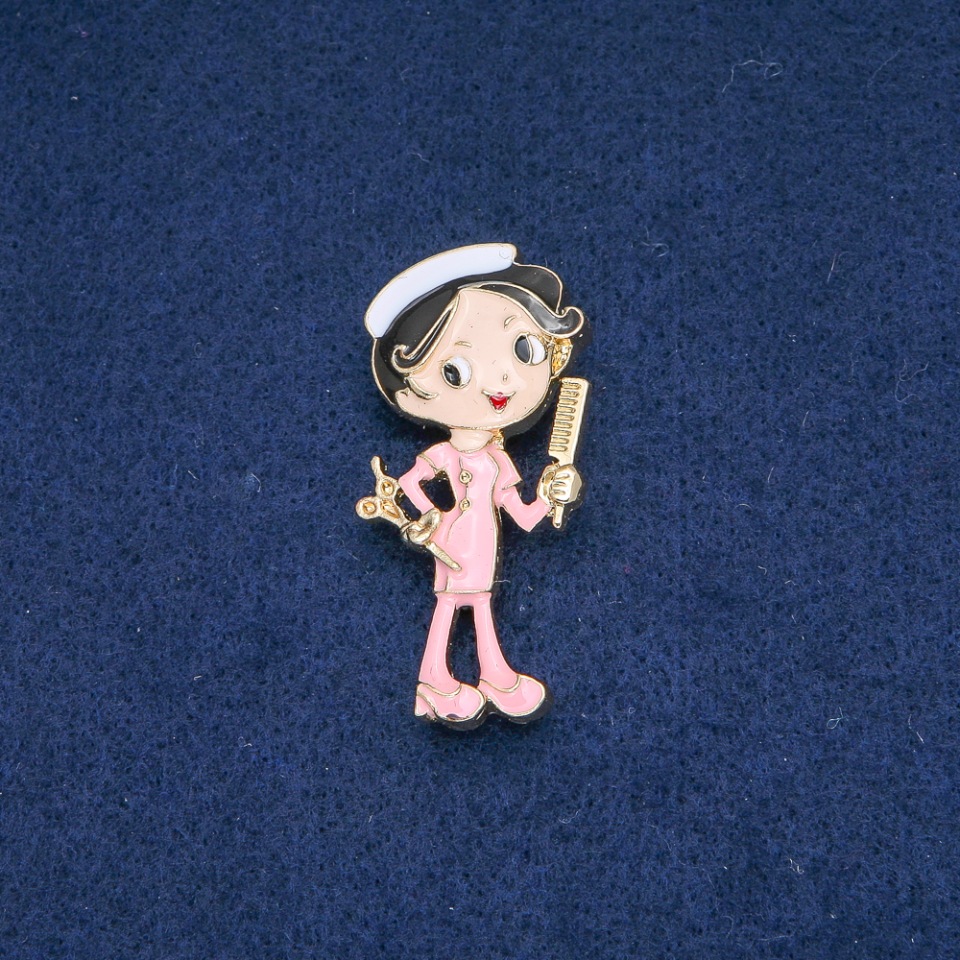 Hairdresser Brooch, colored enamel, golden metal 47×24 mm +