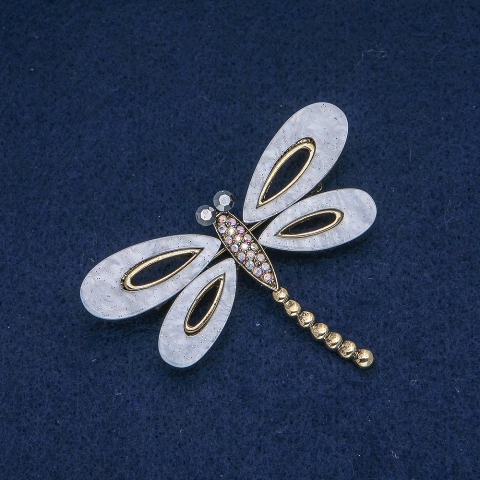 Brooch 'Butterfly' with white mother-of-pearl, white petrol and gray rhinestones, silvery metal 62x45mm +