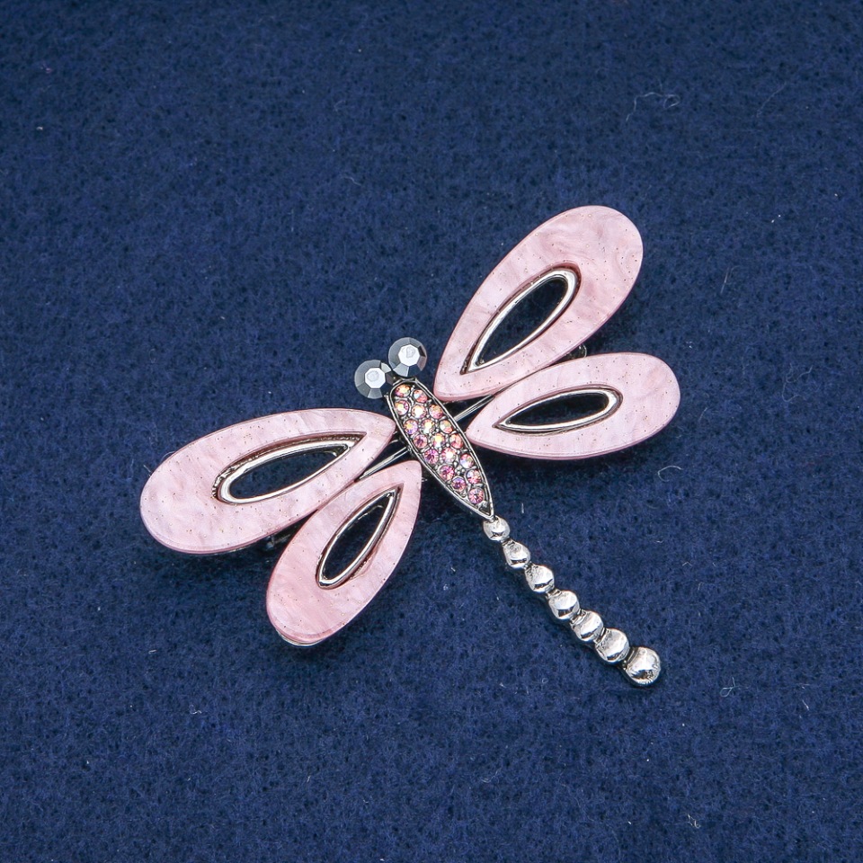 Butterfly Brooch with Pink Mother-of-Pearl, pink benzine and gray rhinestones, silver-colored metal 62x45mm +