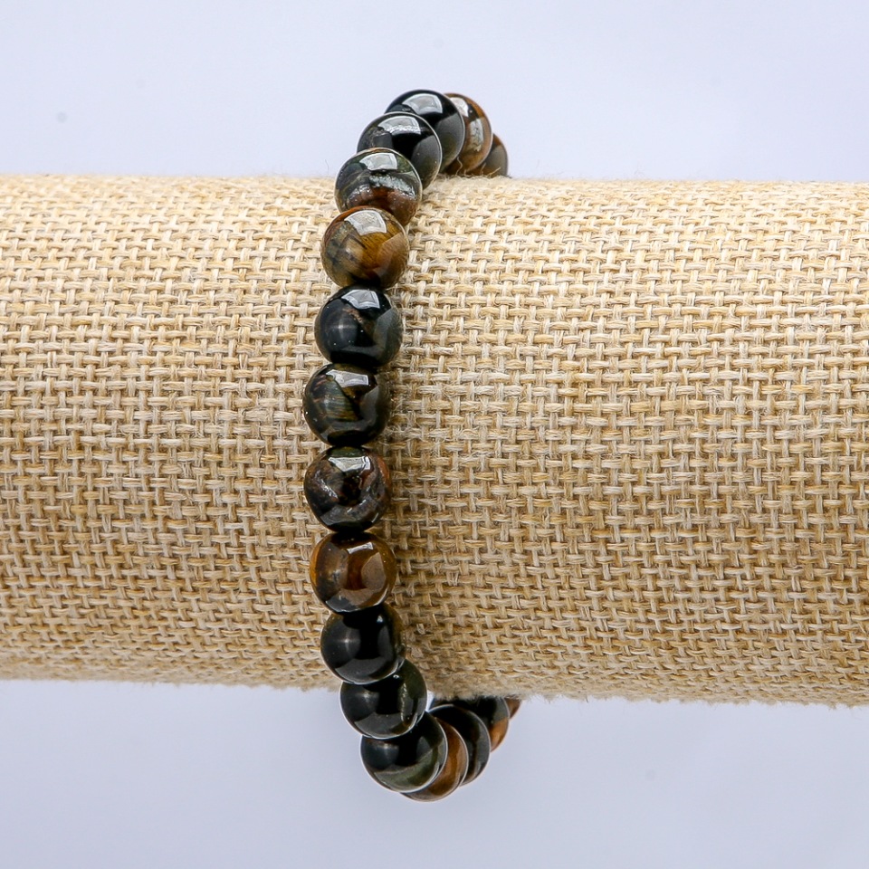 Elastic bracelet with natural Falcon's Eye beads, smooth, 8 mm diameter+