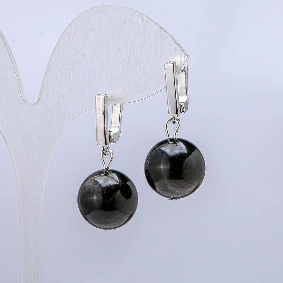 Earrings Silver Obsidian, 14mm diameter, 32mm length