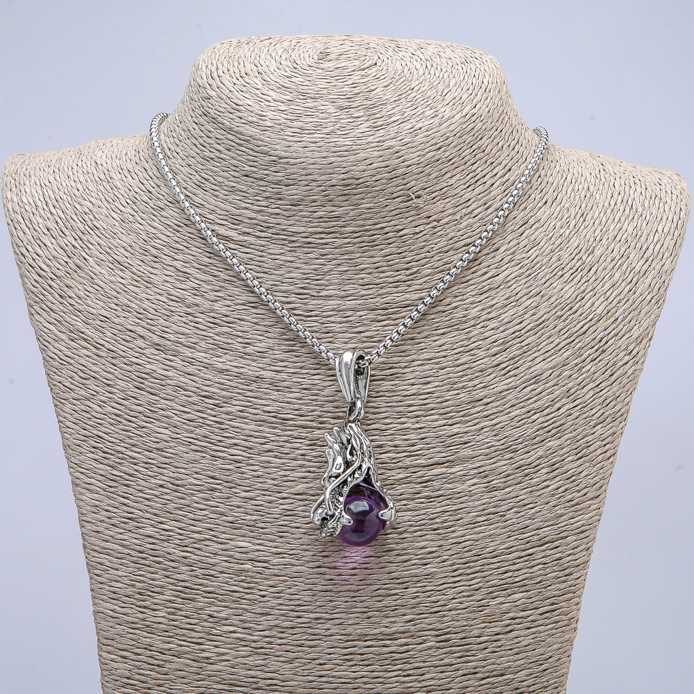 Pendant Dragon Head and Purple Sphere 22x51mm +/- on chain, length 65 cm, silver-colored metal