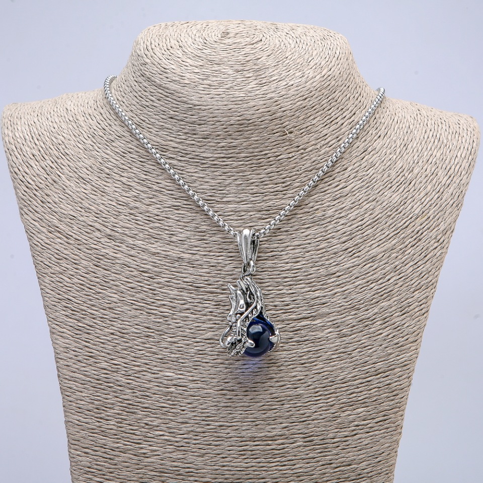Dragon Head Pendant Blue Sphere 22x51mm on chain, 65 cm length, silver metal color