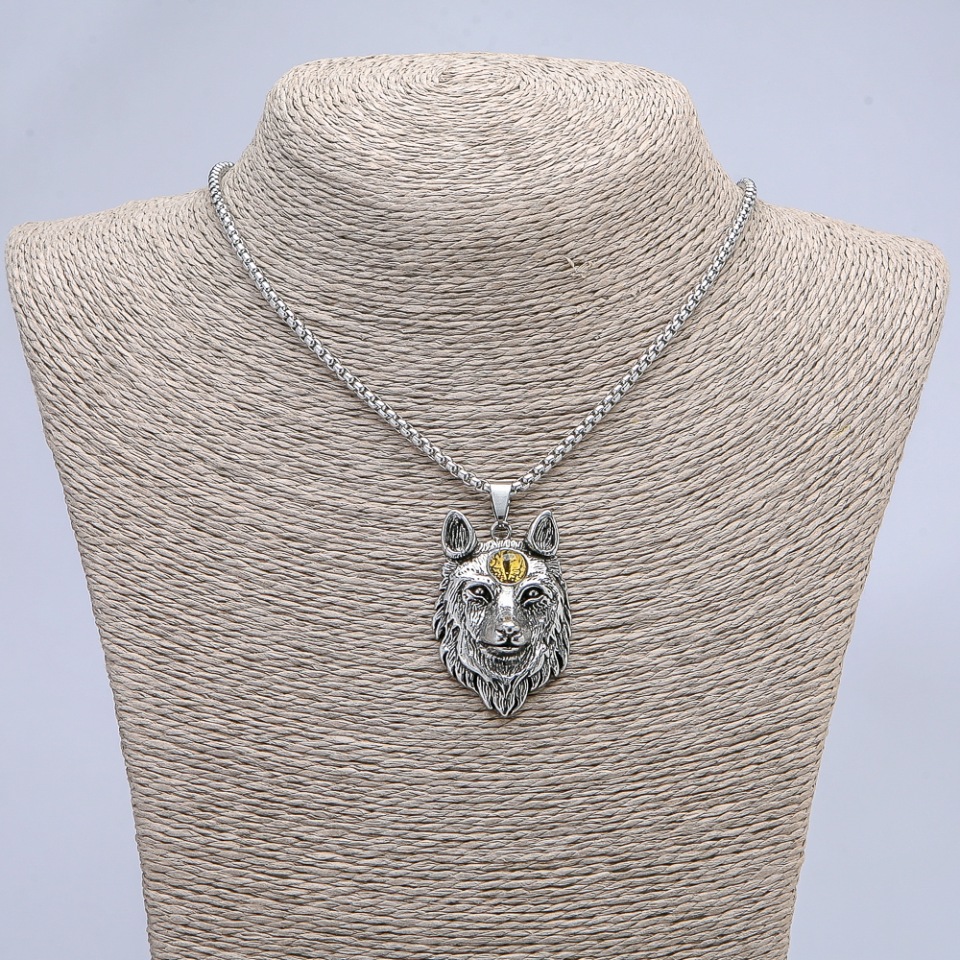 Wolf Talisman Pendant with Yellow Eye, 29×47 mm on a chain, length 65 cm, silver