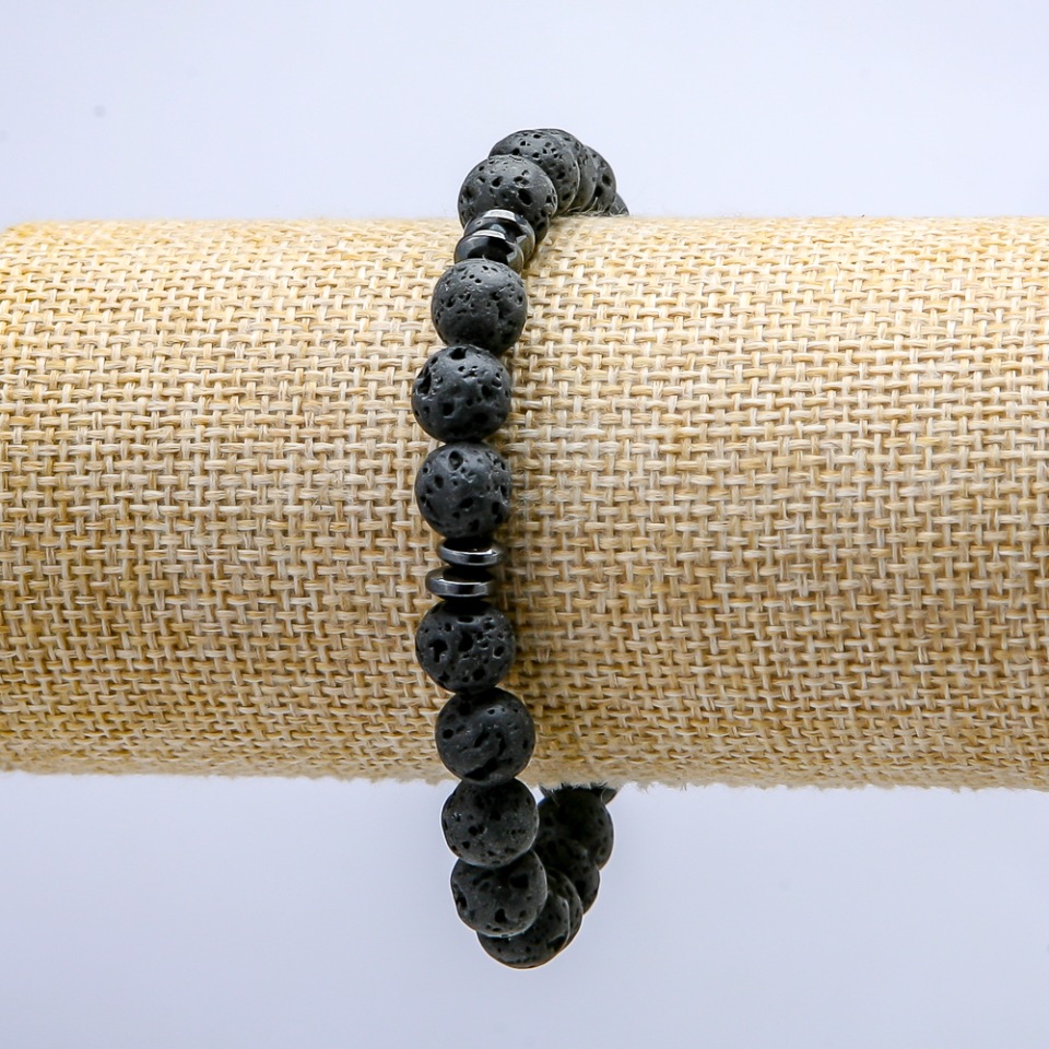 Elastic Lava Stone Bracelet, 8 mm diameter ±, with dark inlays