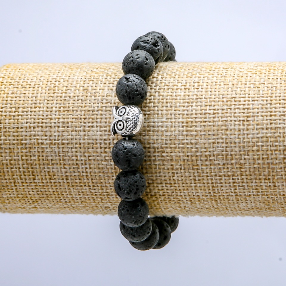 Elastic Lava Stone Bracelet, 10 mm Diameter ±, with Owl