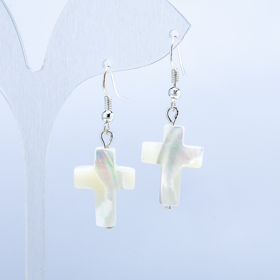 White Mother-of-Pearl Cross Earrings, 20×15 mm cross, overall length 45 mm