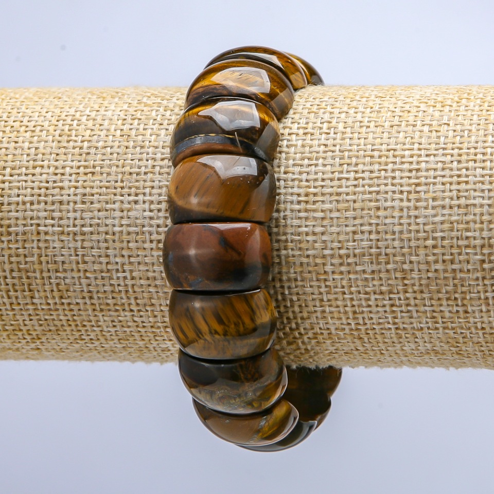 Elastic bracelet with natural Tiger's Eye stone, smooth links 20x12mm+