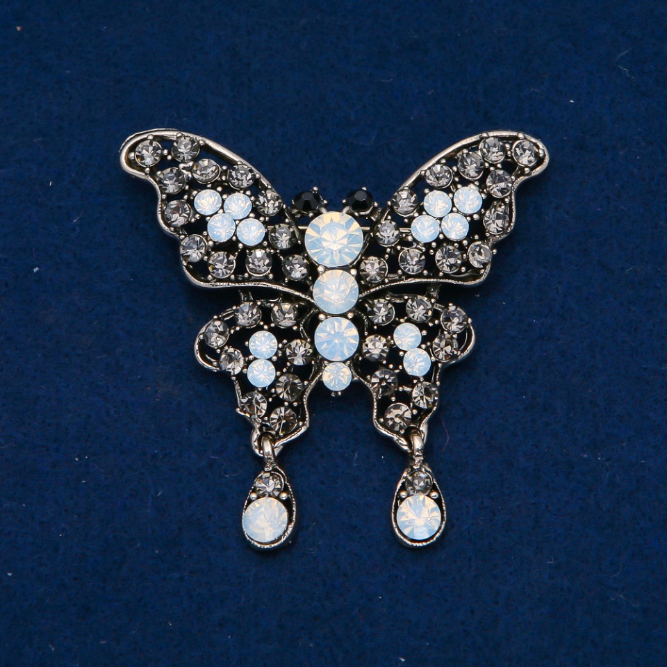 Butterfly Brooch with White Matte and Gray Crystals, Dark Silver Metal, 35x48mm +