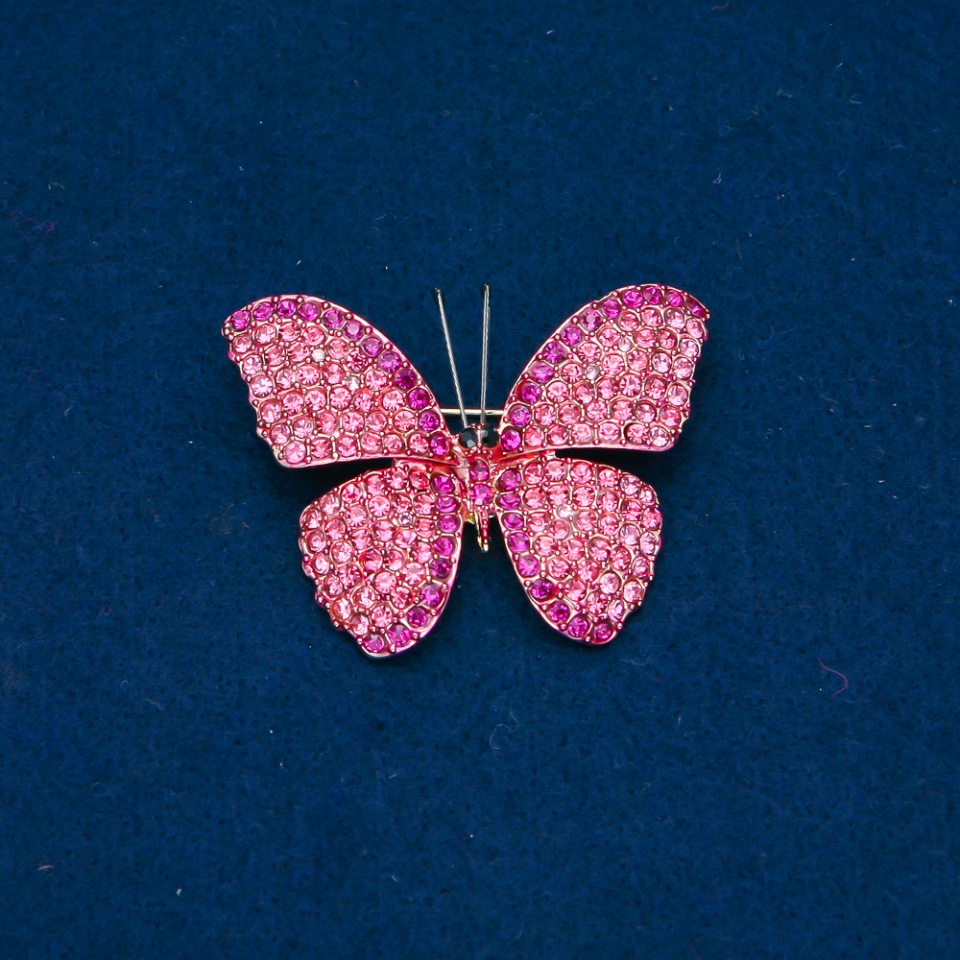Butterfly Brooch with Pink and Raspberry Crystals, Gold-Tone Metal 35x45 mm +