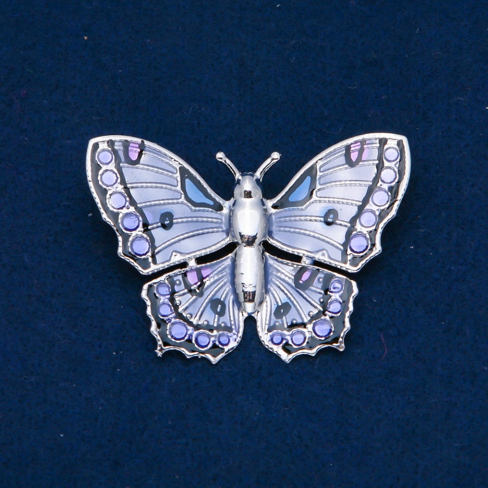 Butterfly Enamel Brooch, Silvery Metal, 42×60 mm +