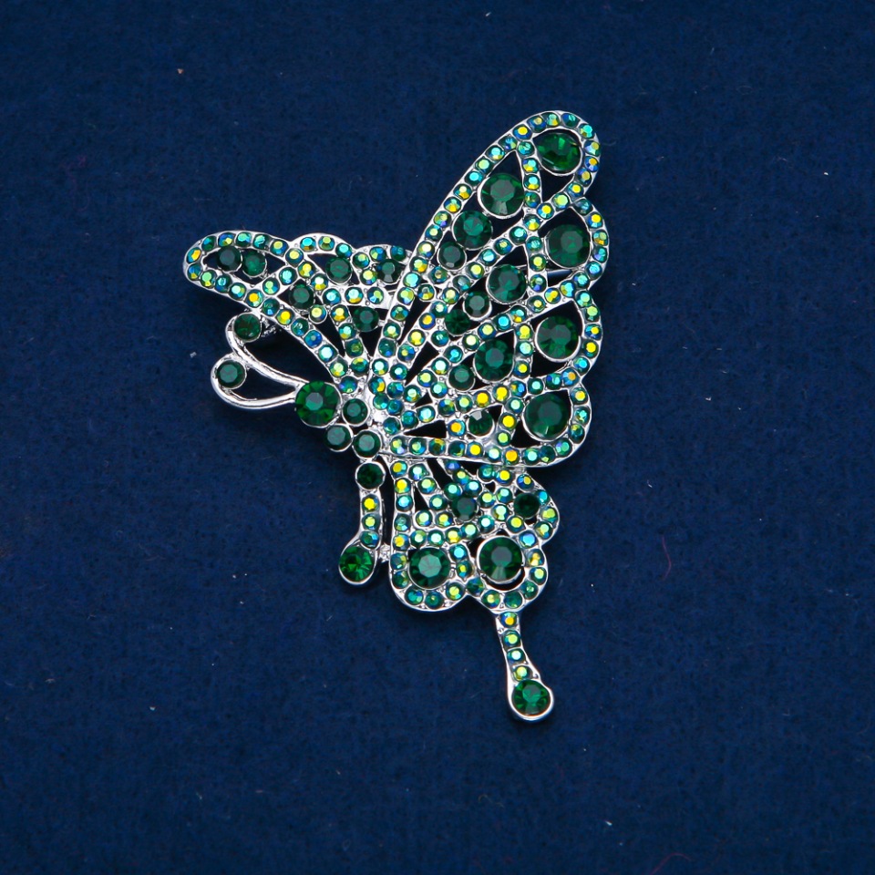 Butterfly Brooch with Green and Petrol Crystals, Gold-Tone Metal 75x50 mm +