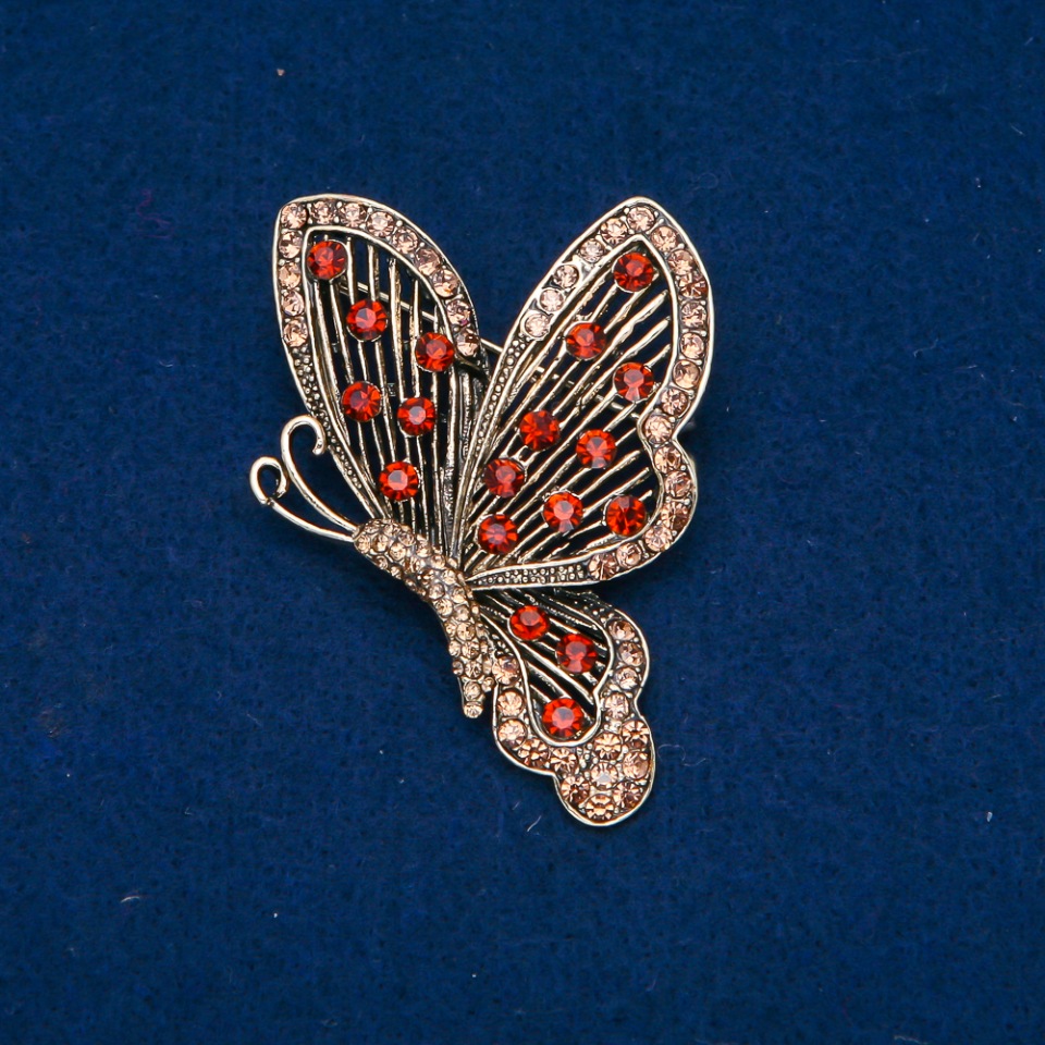 Butterfly Brooch with Red and Gold Crystals, Gold-Tone Metal 55x40 mm +