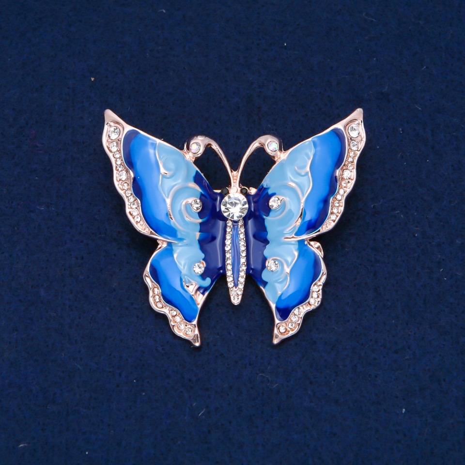 Butterfly Brooch with White Crystals, Light Blue and Blue Enamel, Gold-Tone Metal 47×52 mm +