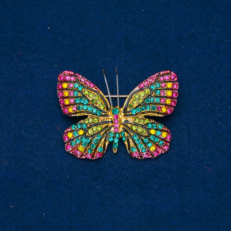 Butterfly Brooch with yellow, green, raspberry crystals, golden metal 35×48 mm +
