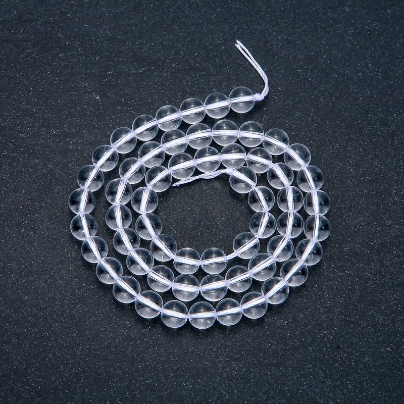 Smooth Round Beads of Rock Crystal on a Thread, 6 mm Diameter, 38 cm Length