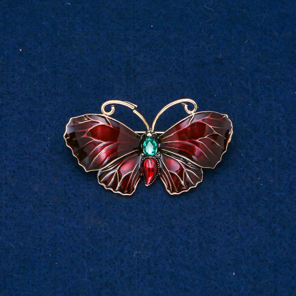 Butterfly Brooch, gold-toned metal, enamel, green rhinestone, 48×27 mm +
