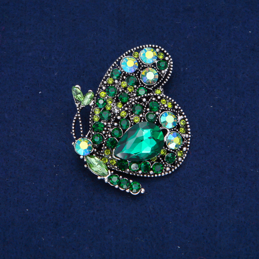 Butterfly Brooch in Silvery Metal, Green Crystals 50x45 mm +