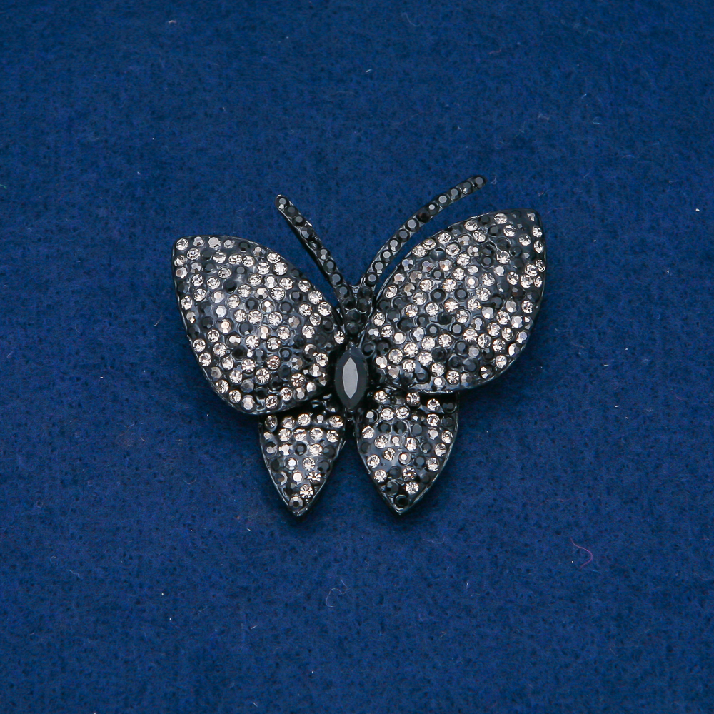 Butterfly Brooch in silver-toned metal, black and white crystals 44x48 mm +