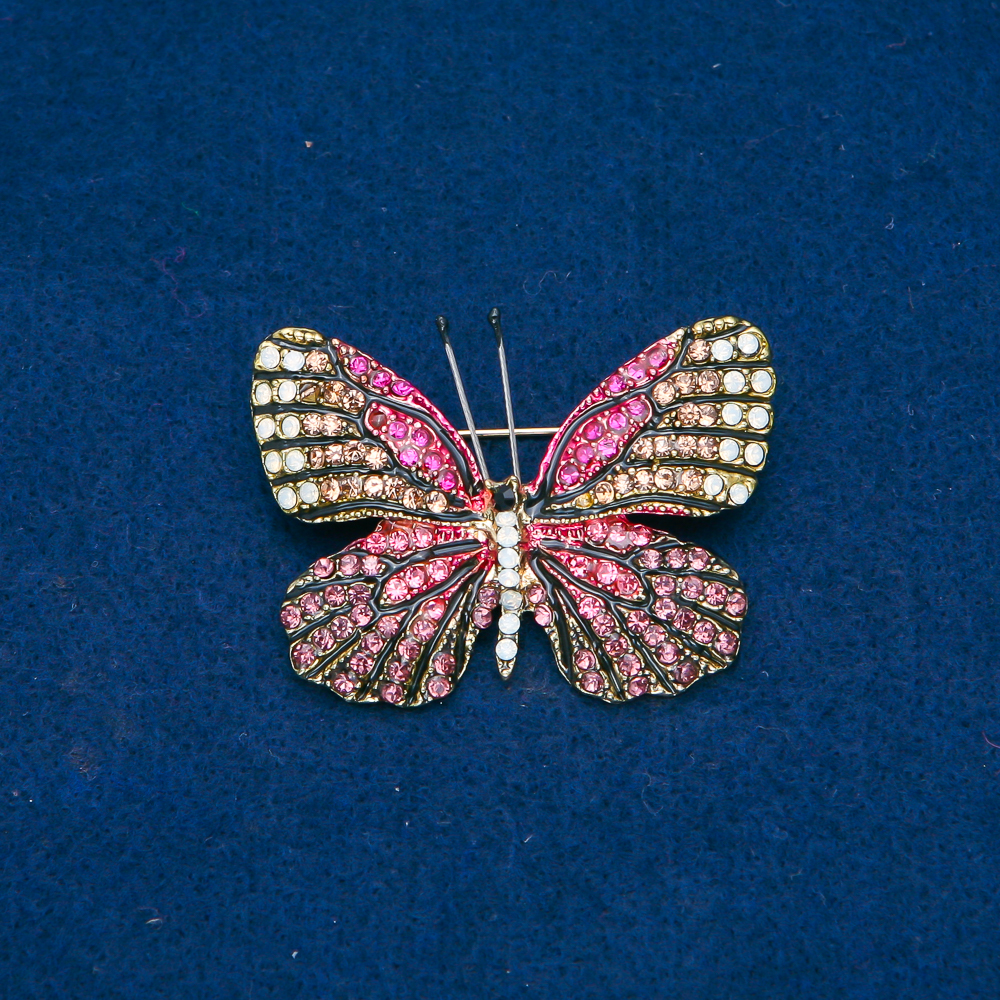 Butterfly Brooch, gold-toned metal, pink, gold and white crystals, 38x47 mm +