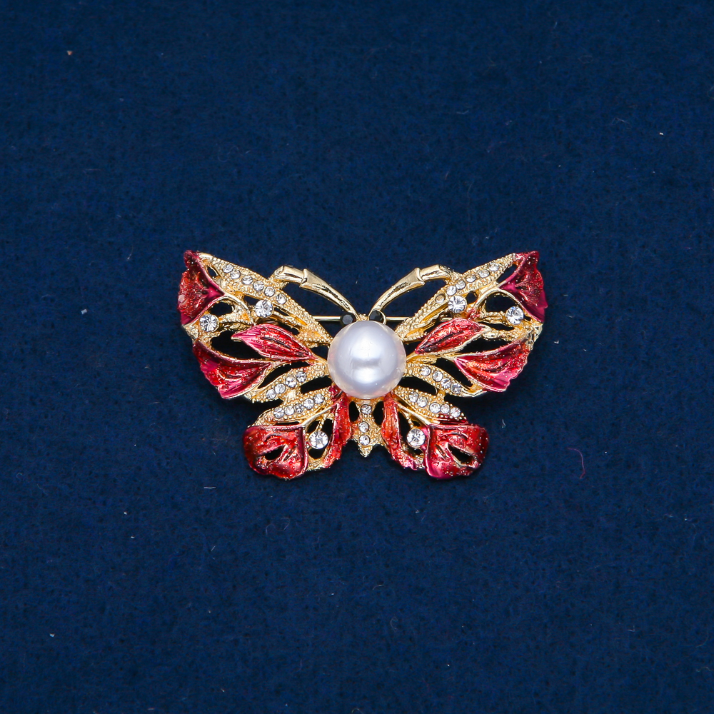 Butterfly Brooch, gold-tone metal, red enamel, white crystals and bead, 46x30mm +