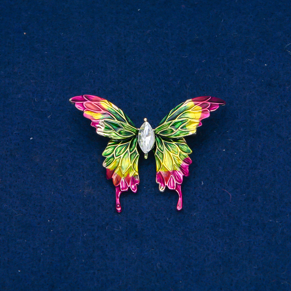 Butterfly Brooch with golden metal, enamel and white crystal, 38x50 mm +