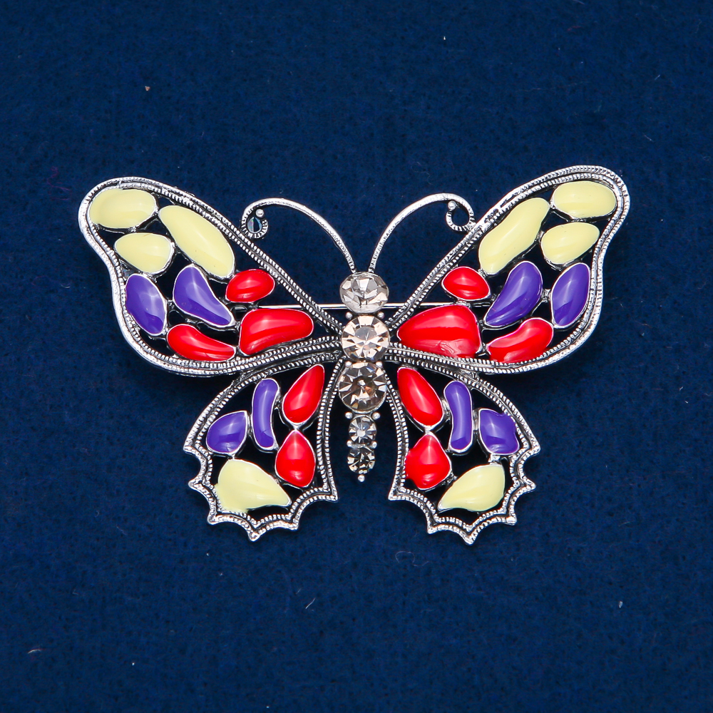 Butterfly Brooch in Silvery Metal, Enamel, and White Crystals, 48×70 mm +