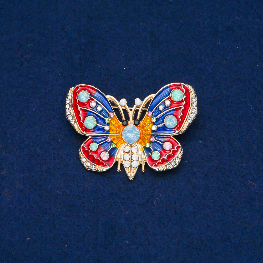 Butterfly Brooch with Golden Metal, Enamel, and White, Light Blue, Lime Green, and Pink Rhinestones 30x45mm +