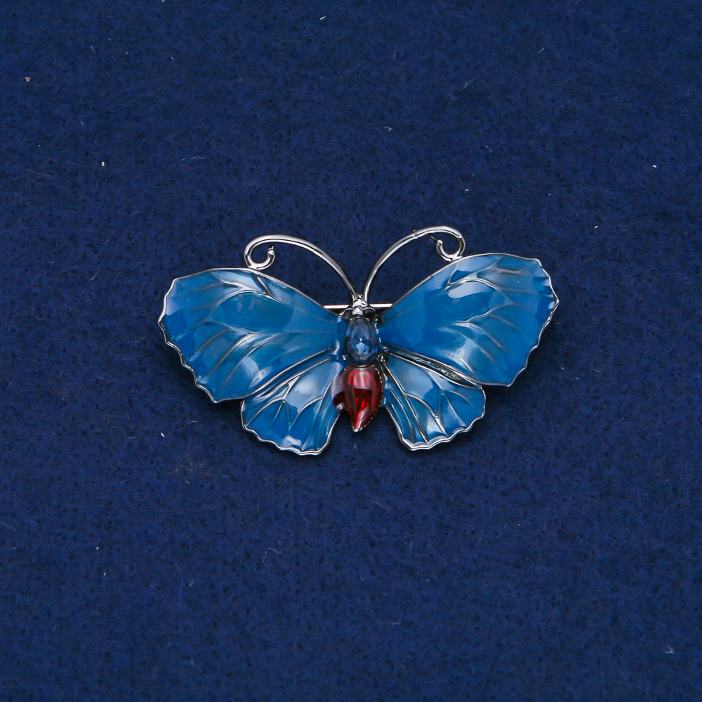 Butterfly Brooch, silver-tone metal, enamel, blue crystal, 48x27mm +