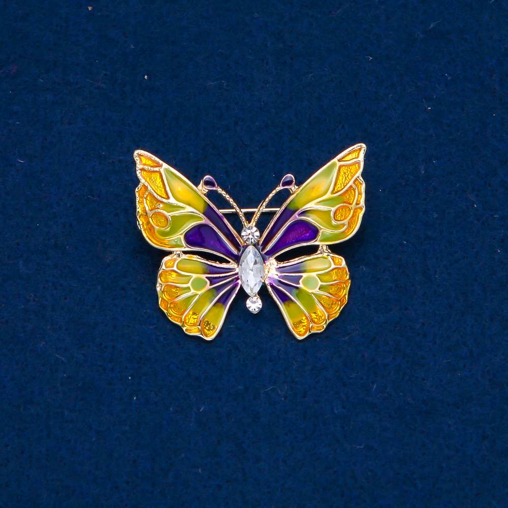 Butterfly brooch in gold-tone metal, enamel, and white crystal 37x30mm +