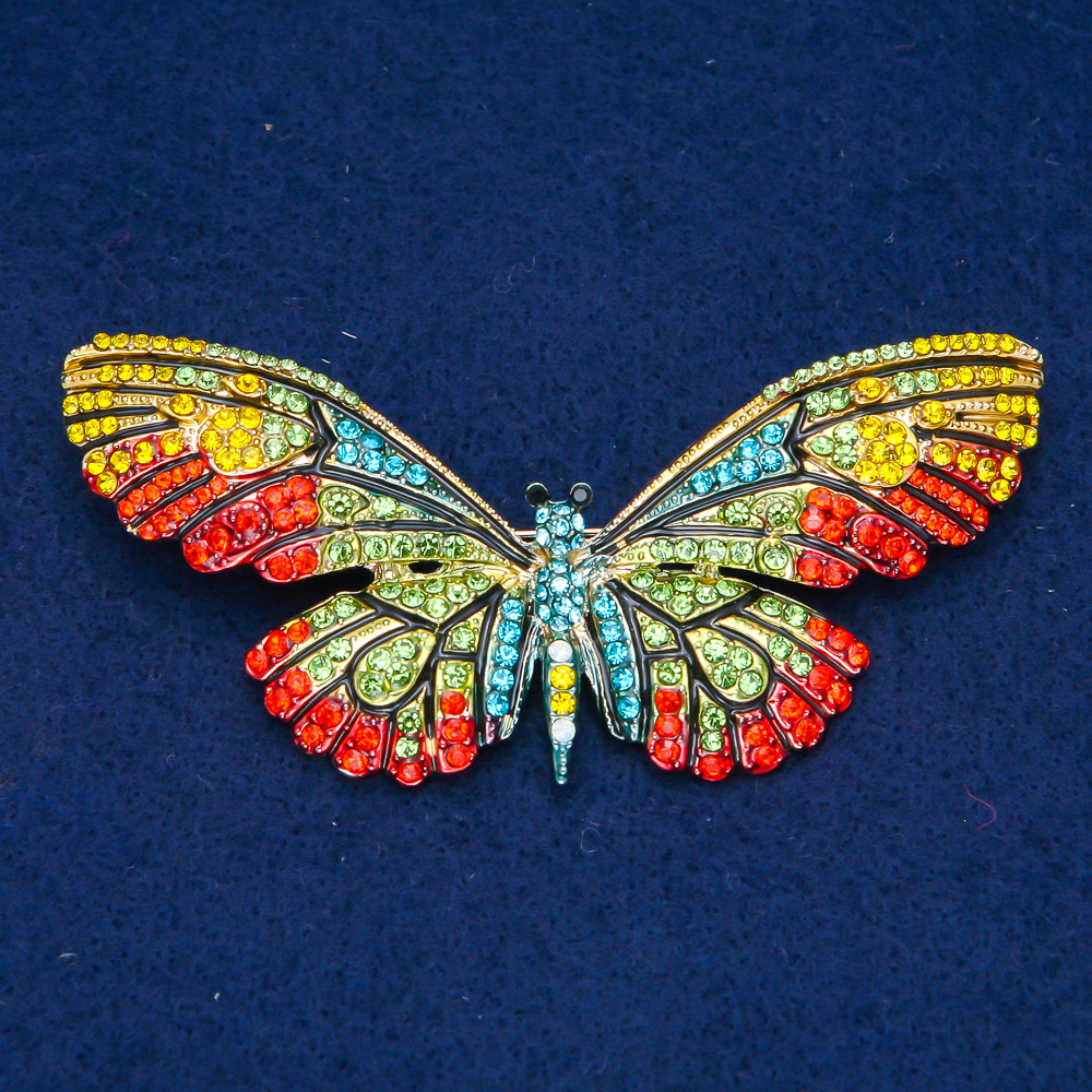 Butterfly Brooch in Golden Metal with Multicolored Rhinestones, 81x37 mm +
