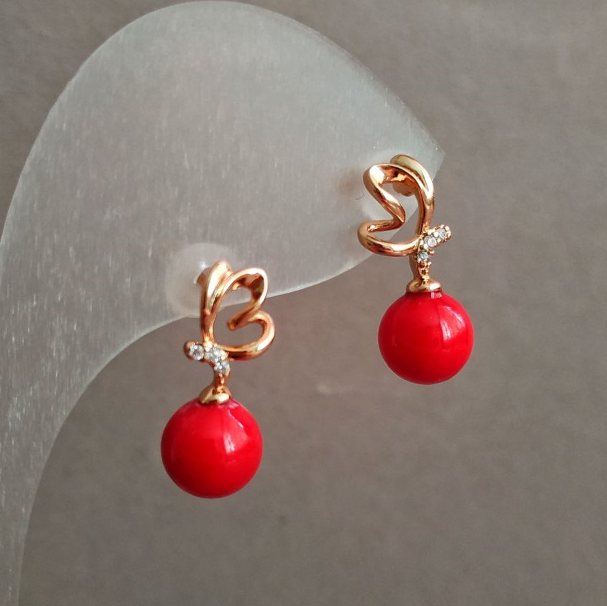 Xuping 18K Gold-Plated Ball Stud Earrings with Red Bead and White Crystals, Diameter 19×8 mm +