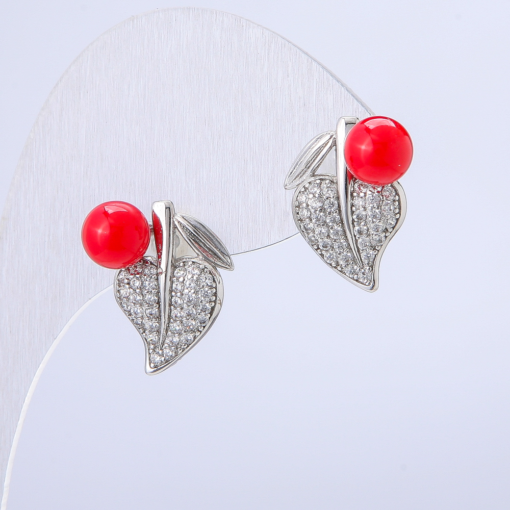 Xuping Rhodium-plated Earrings with Red Bead and White Crystals, diameter 17x12 mm +