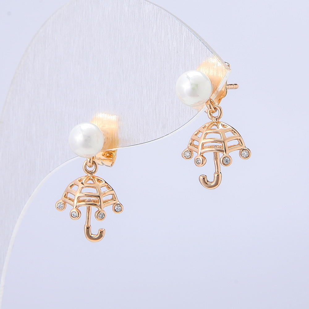 Stud earrings Umbrella Xuping 18K gold plating with white crystals and a bead, diameter 18x10mm +