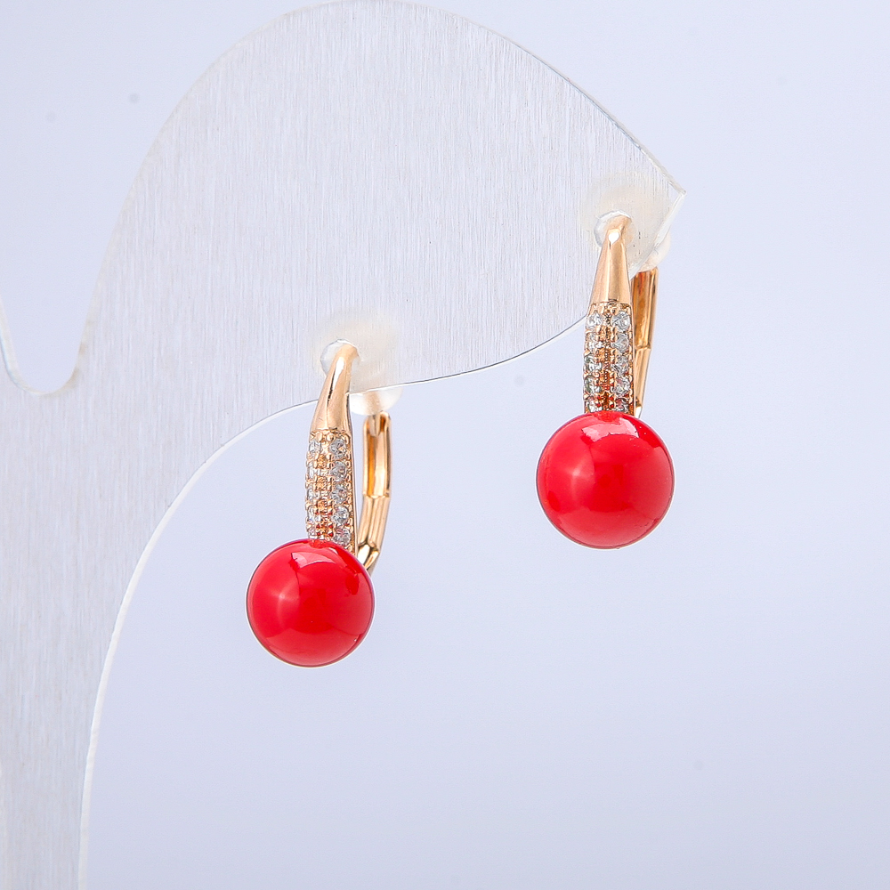 Xuping Earrings 18K Gold Plating with White Crystals and Red Bead, Diameter 17×7 mm +