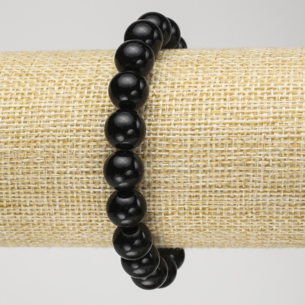 Elastic bracelet with natural black tourmaline, smooth beads, 10mm diameter+