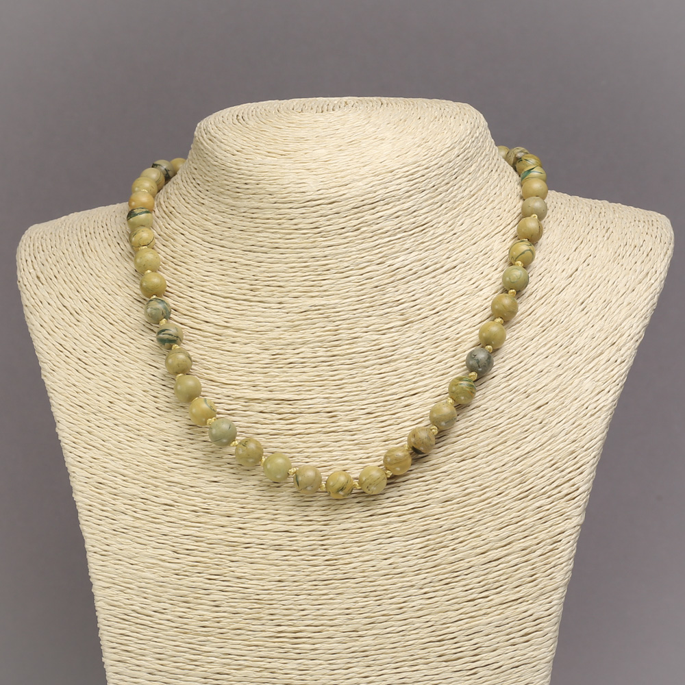 Necklace of Natural Yellow Jasper with Smooth Round Beads, 8 mm Diameter, 45 cm Length