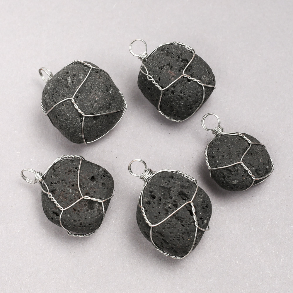 Lava Stone Pendant in a Silver-Woven Setting, Diameter 35×20 mm+
