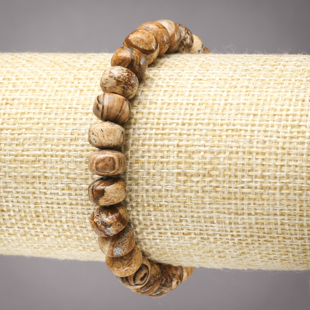 Landscape Jasper Elastic Bracelet with Smooth Rondel Beads, 9x7 mm diameter