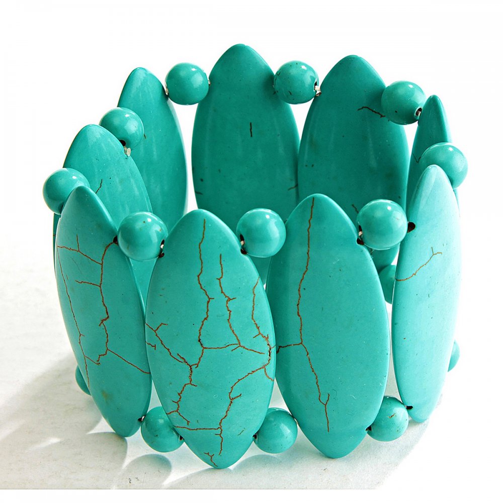 Elastic bracelet with veined green turquoise, wide, featuring large oval stones and small round stones